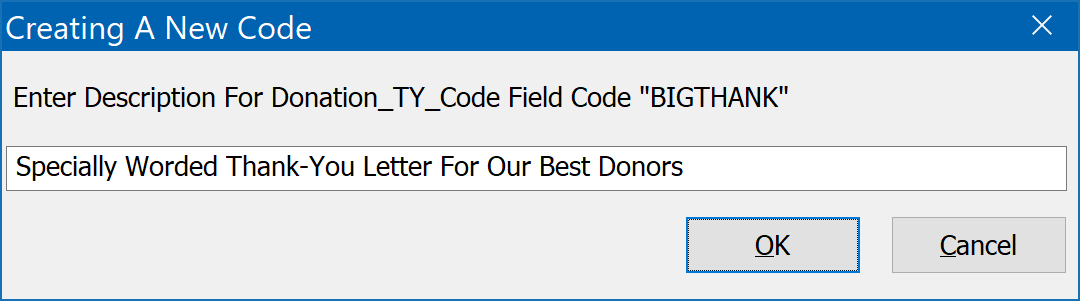 Defining BIGTHANK Donation TY Code Description