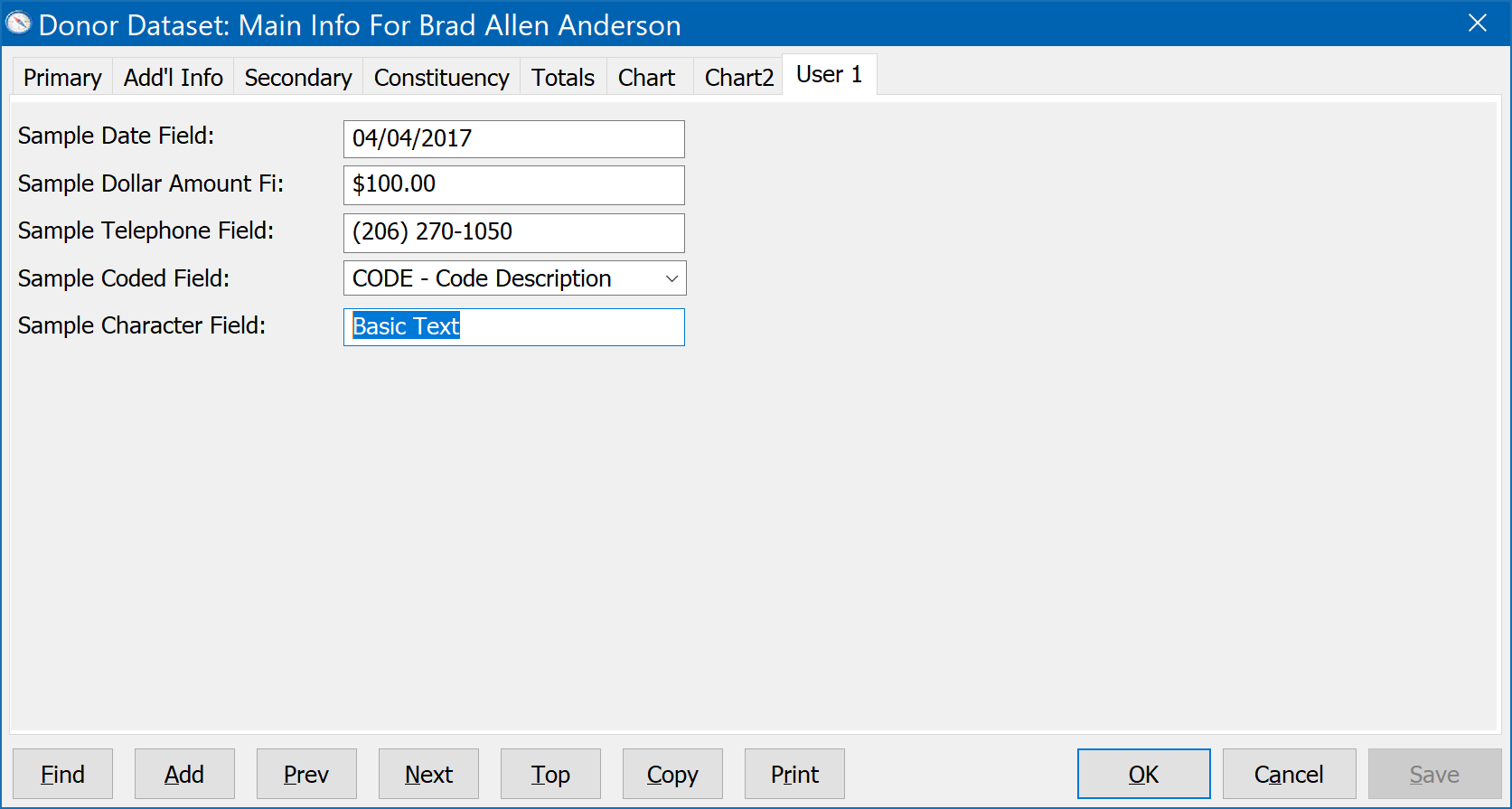 Main Information Form Showing User1 Tab