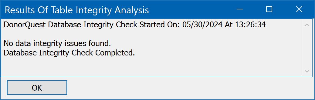 Results of Table Integrity Check