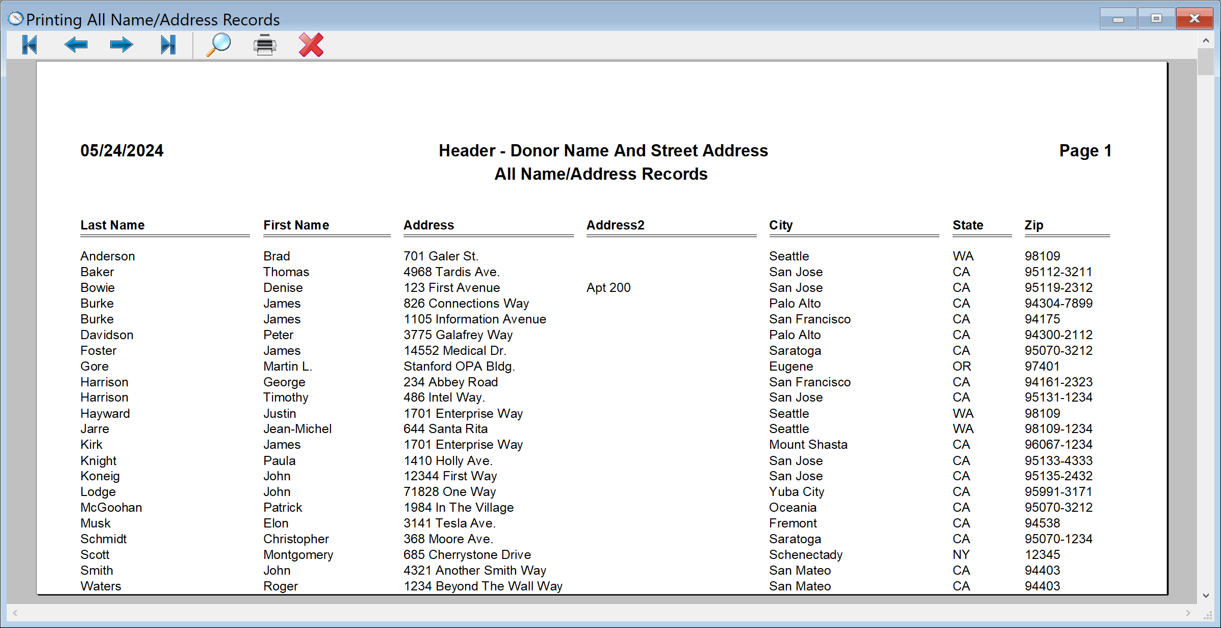 DonorQuest Reports Menu - Donor Name And Street Address - Preview