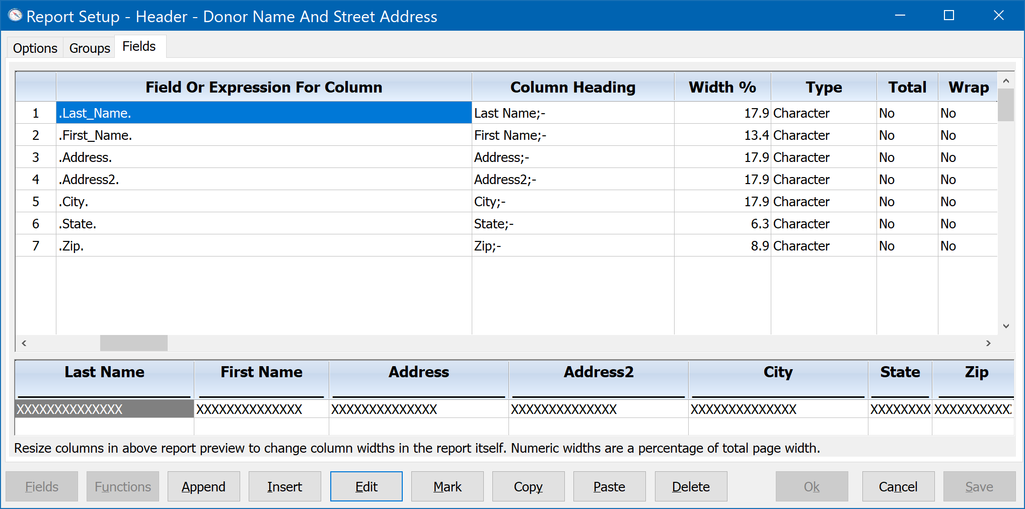 Report Setup - Header - Donor Name And Street Address - Fields Tab