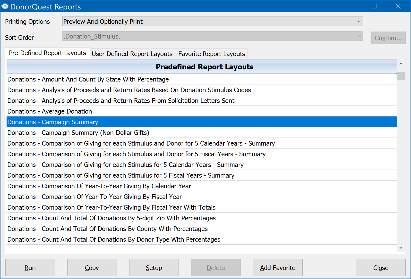 DonorQuest Reports Menu