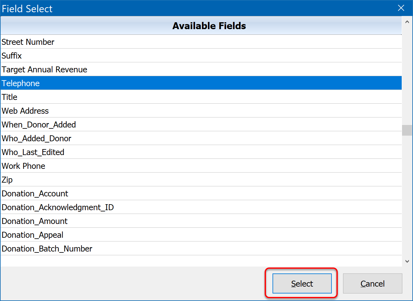 DonorQuest Reports Menu - Report Setup Appending New Field Menu