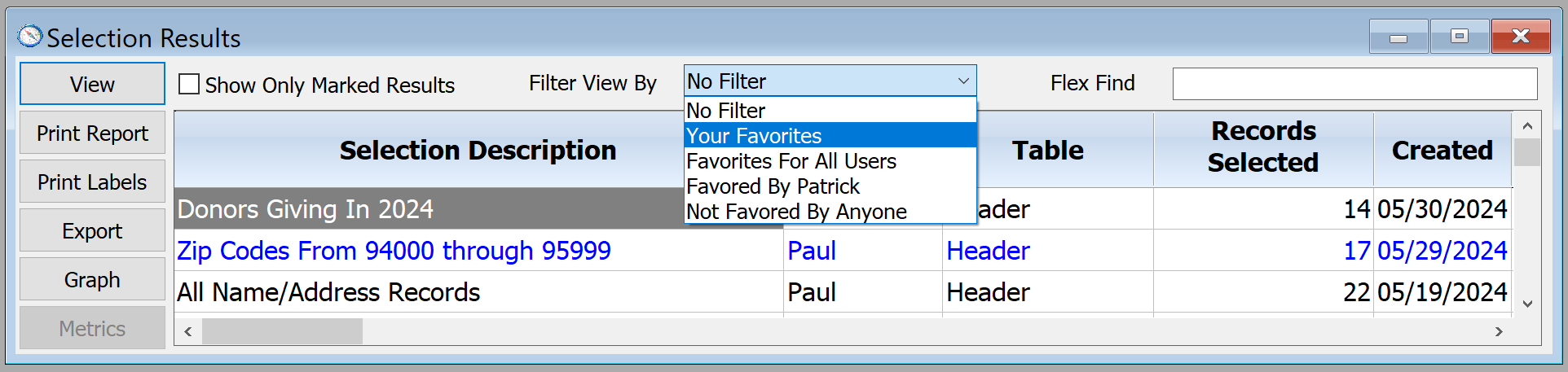 Selection Results Window with Filter View By Drop-Down Menu Showing