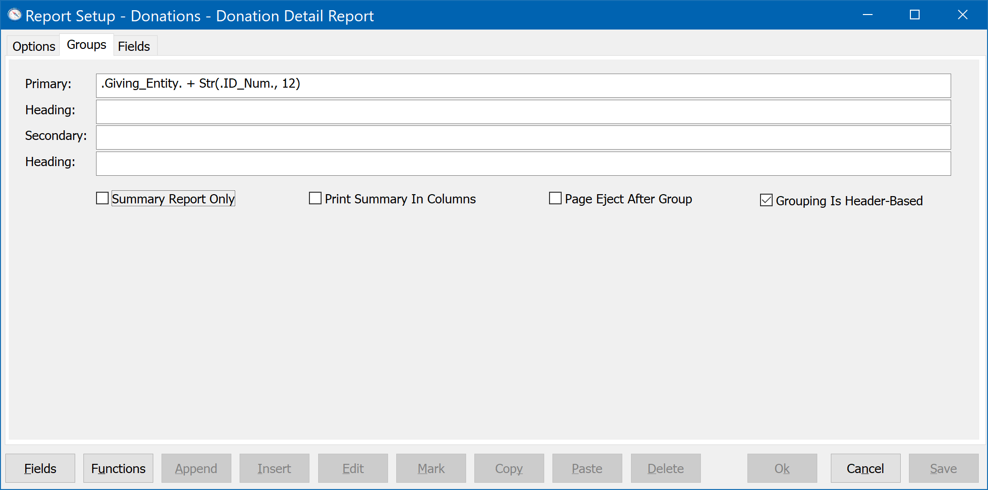 Donations - Donations Detail Report - Setup - Groups Tab