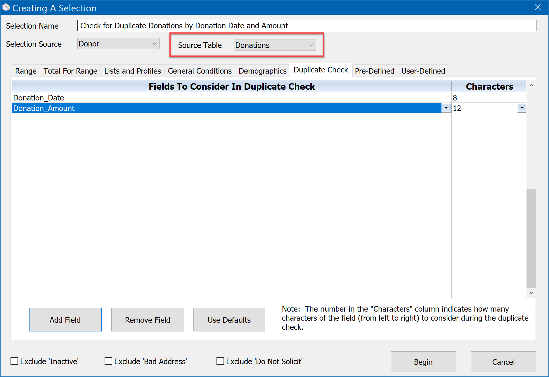 Creating A Selection - Duplicate Record Check - For Donations