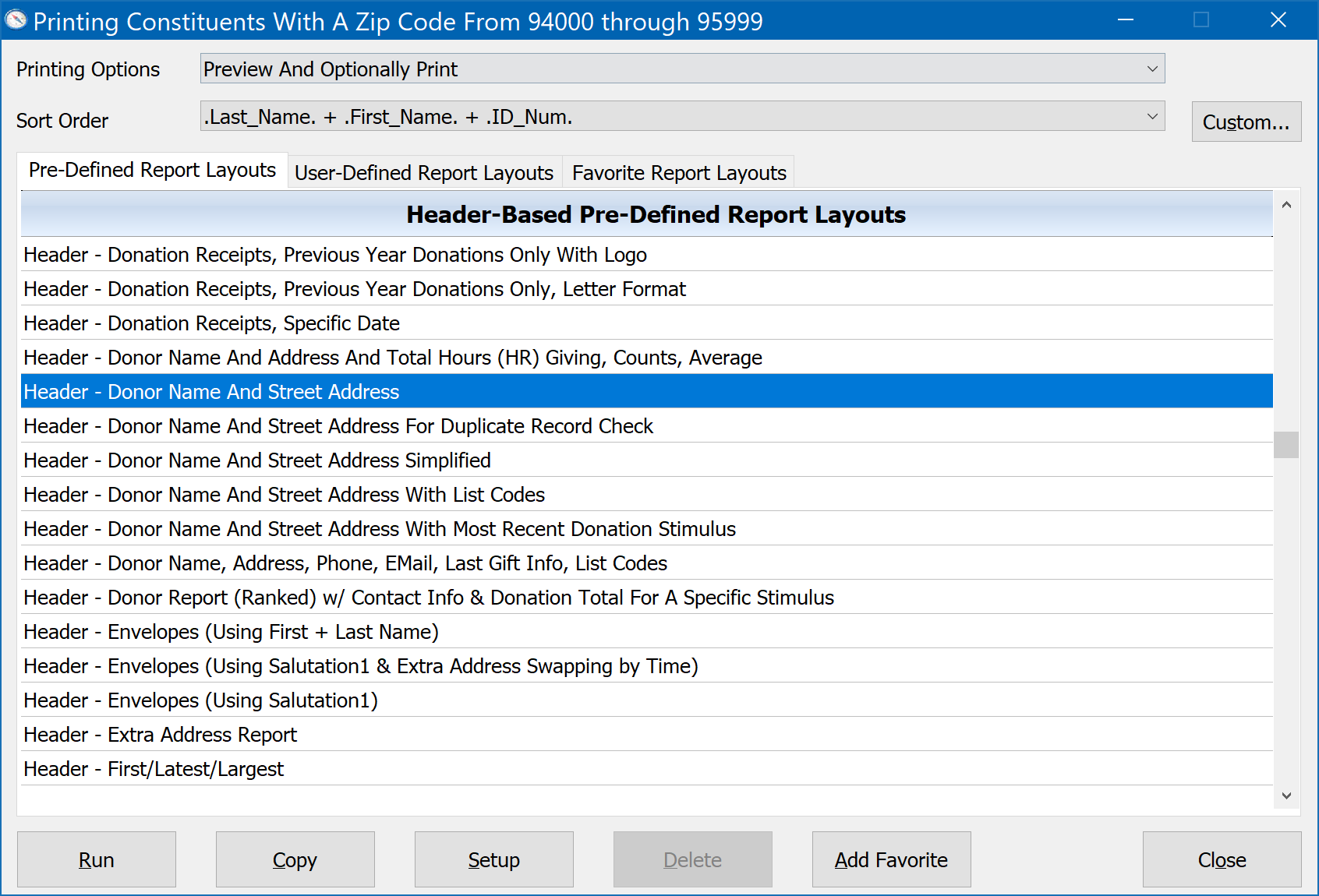 Printing Donors With A Zip Code Between 94000 And 95999