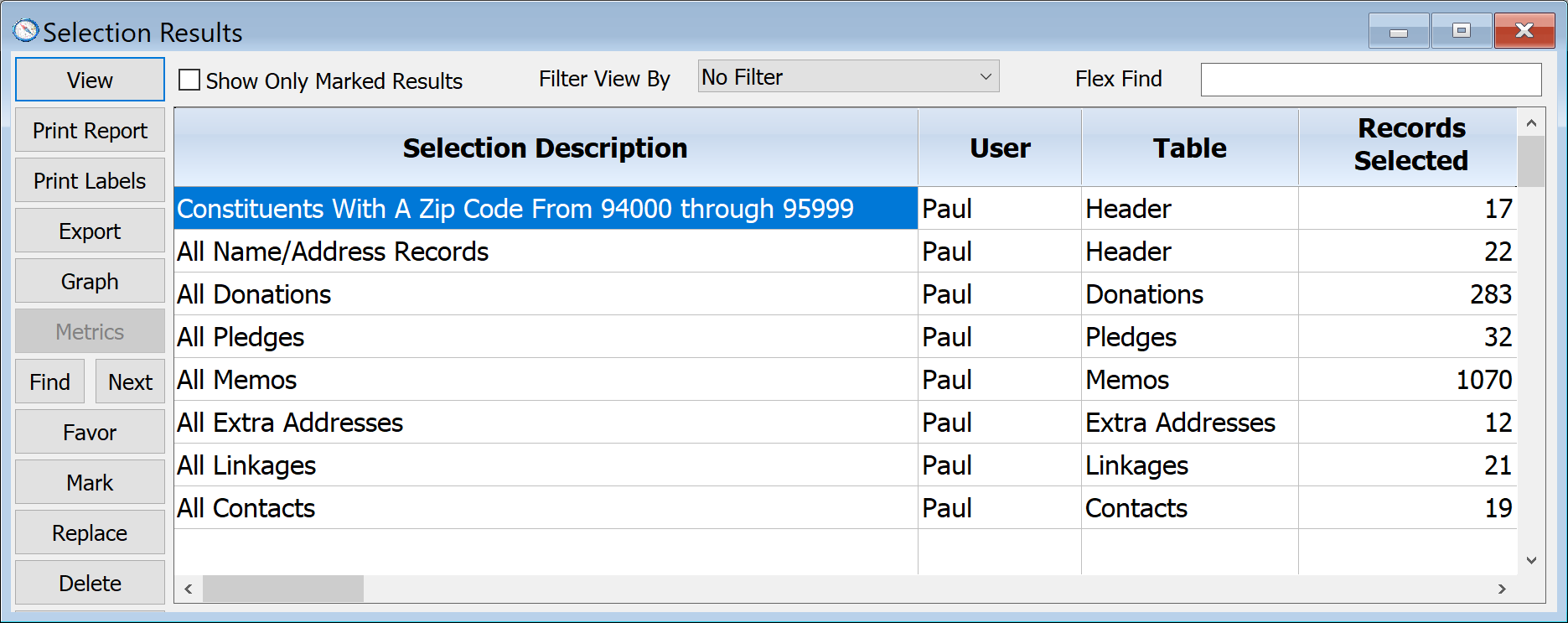 Selection Results Window with zip range result 94000 through 95999t