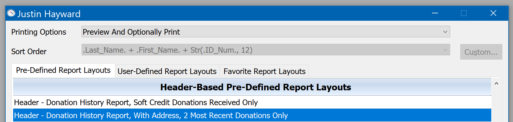 Direct Donor Printing - choosing a report layout