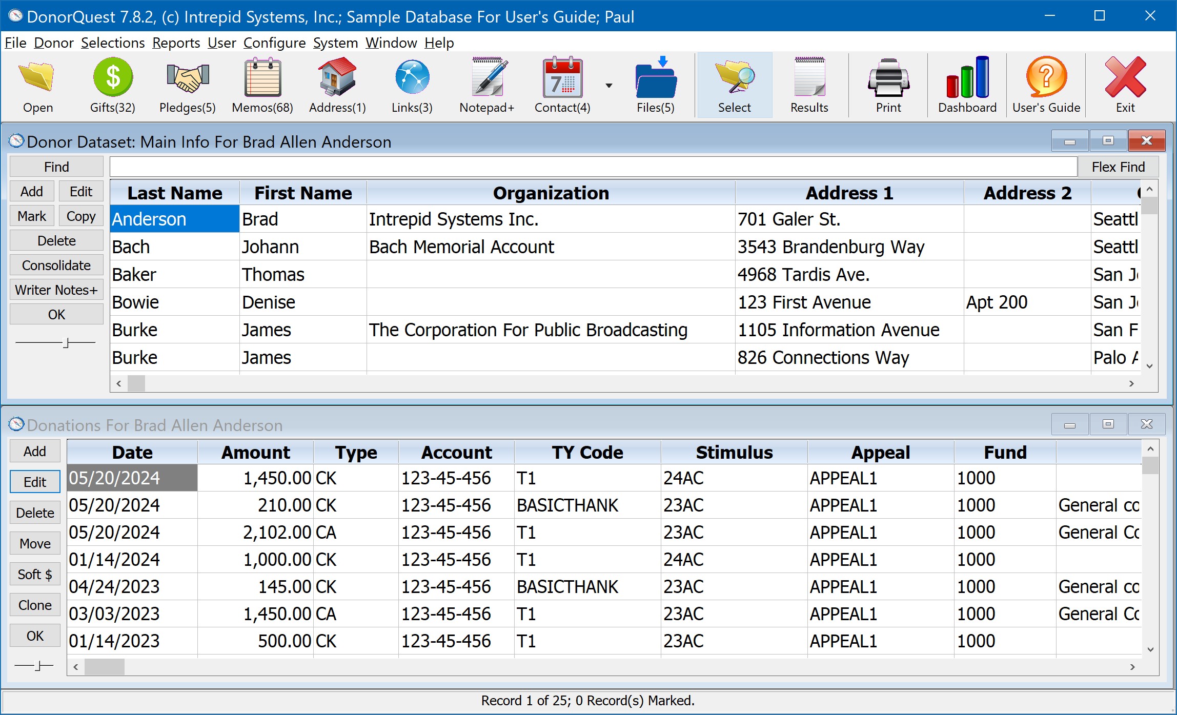 Entire application window with Main Info and Donations open