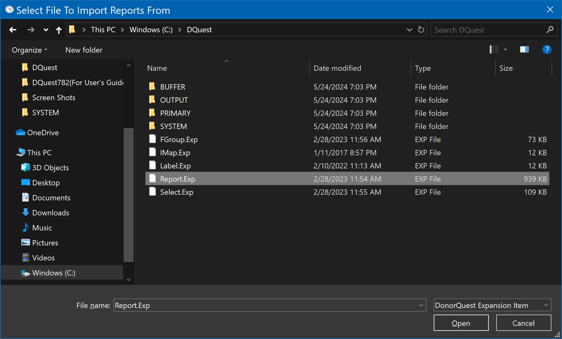 Select Report File To Import From