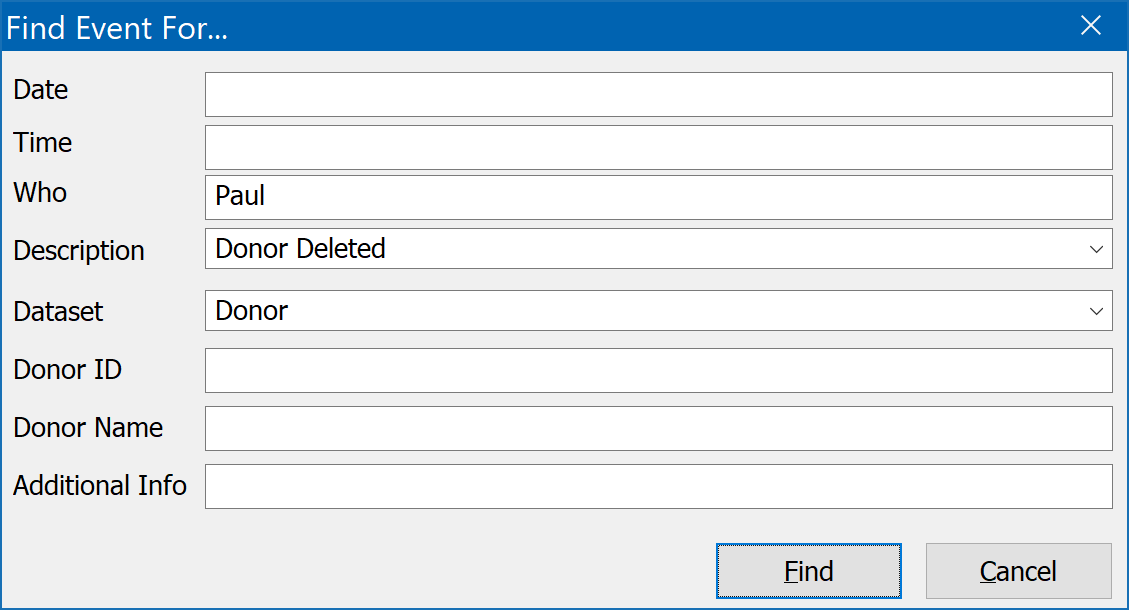 Event Log - Finding Event Dialog