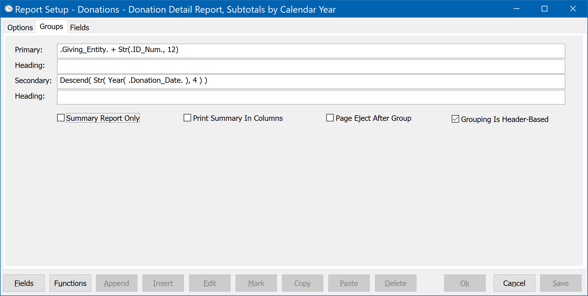 Donations - Donations Detail Report - Subtotals by Calendar Year - Setup - Groups Tab