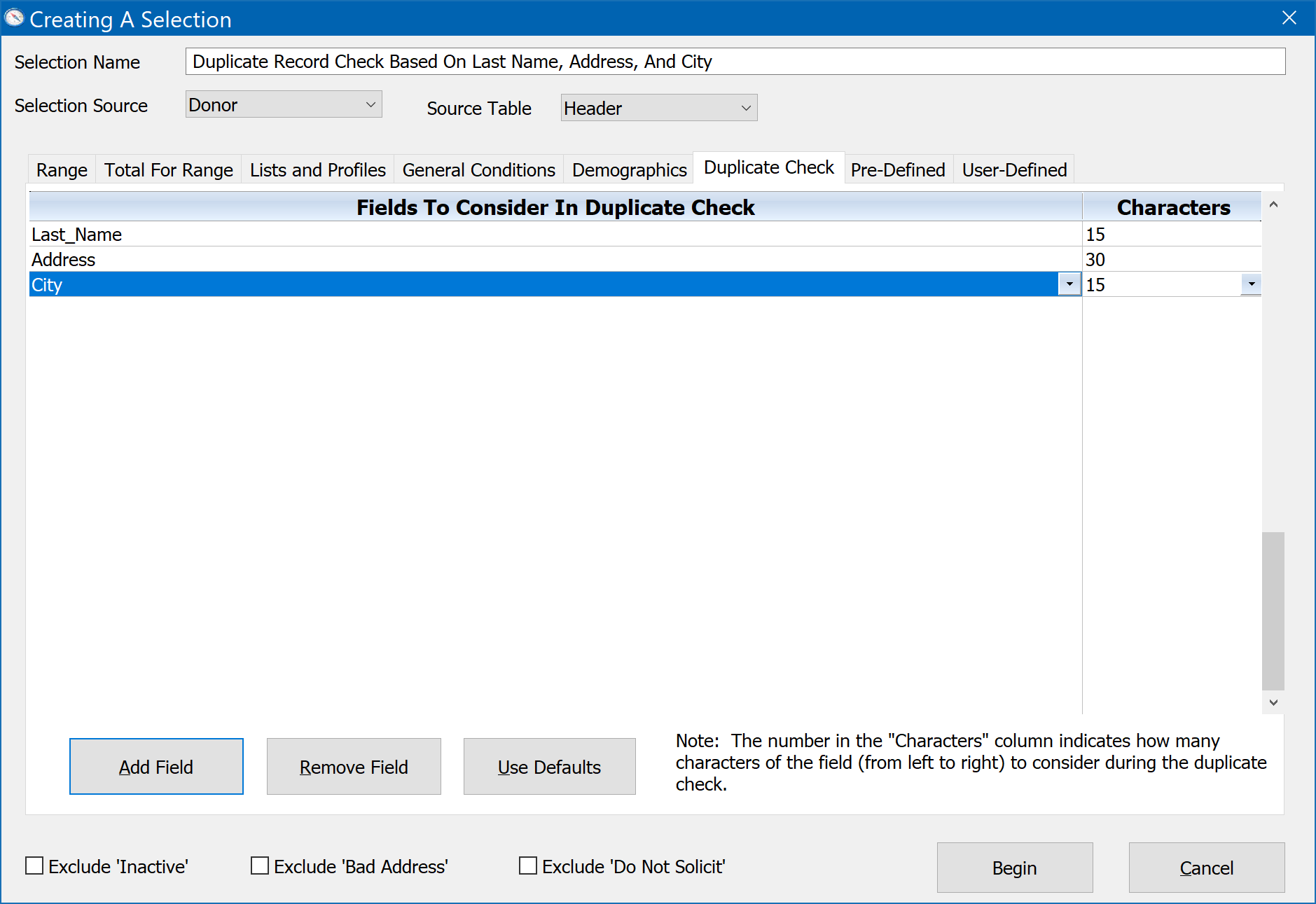 Creating A Selection - Duplicate Record Check