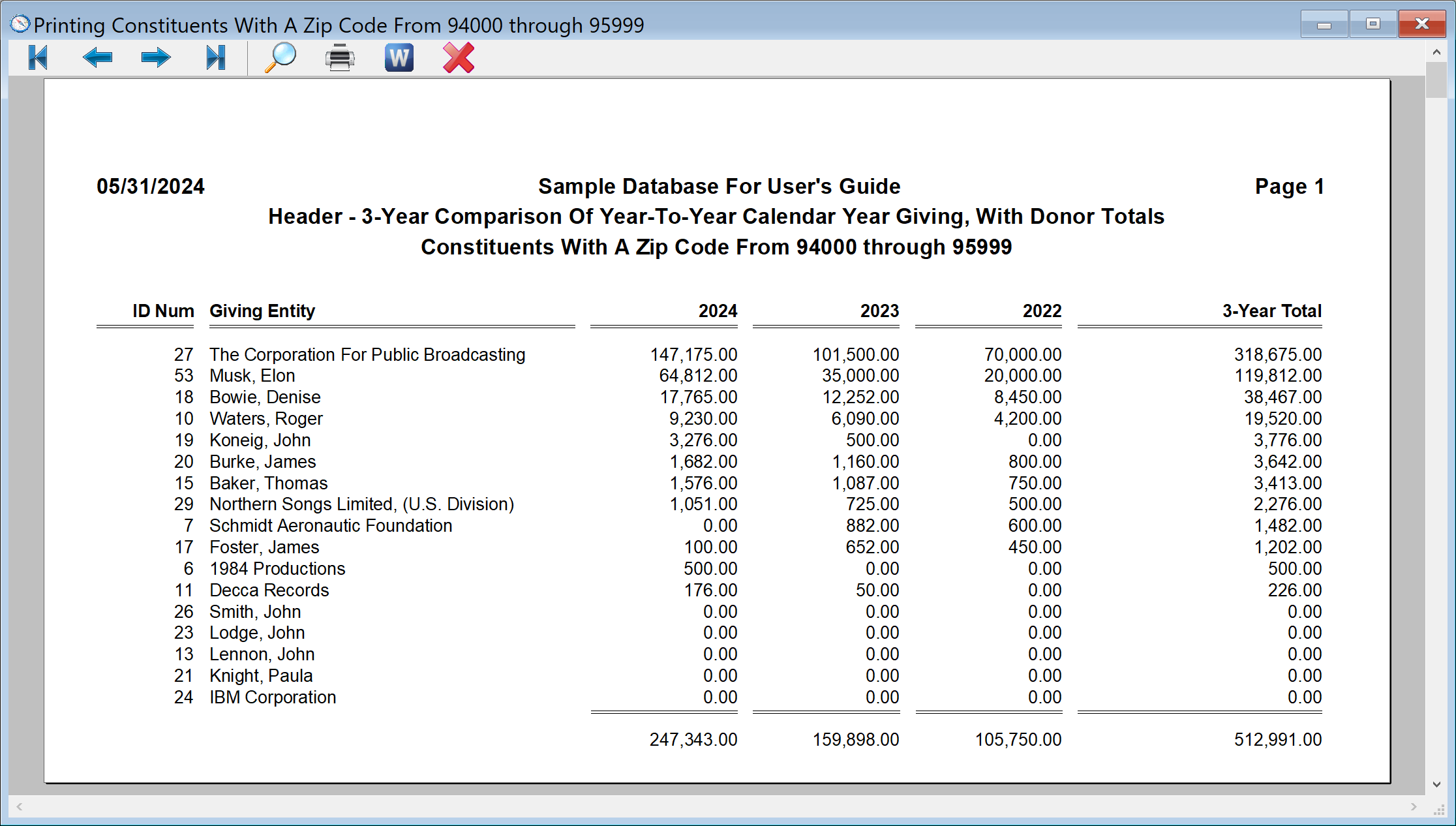 Zip Code Selection Printed With 3-Year Comparison Report