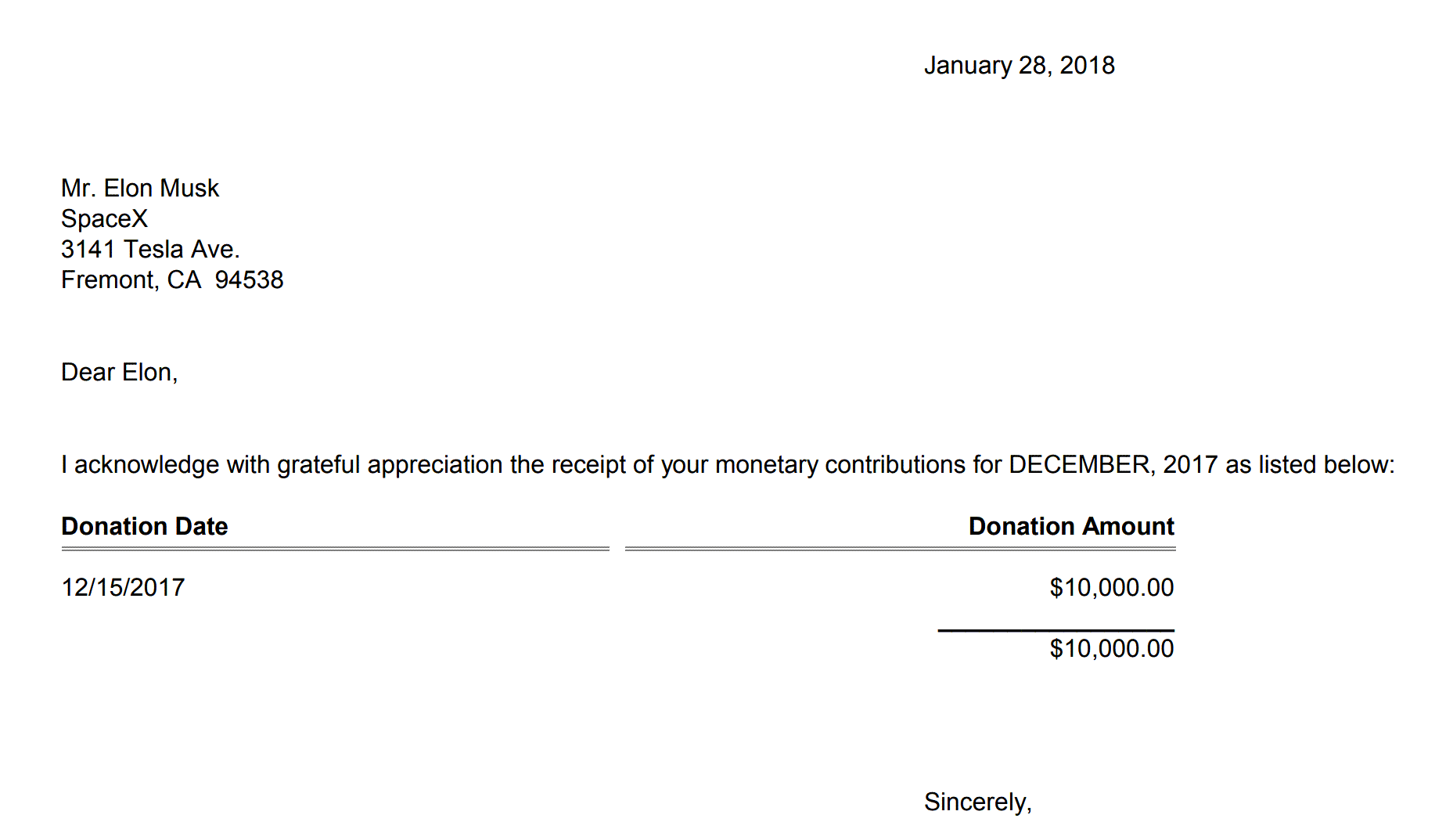 Header - Donation Receipts, Previous Month Donations Only, Letter Format