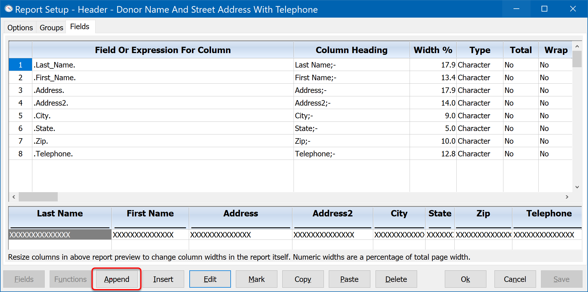 DonorQuest Reports Menu - Report Setup Fields Tab