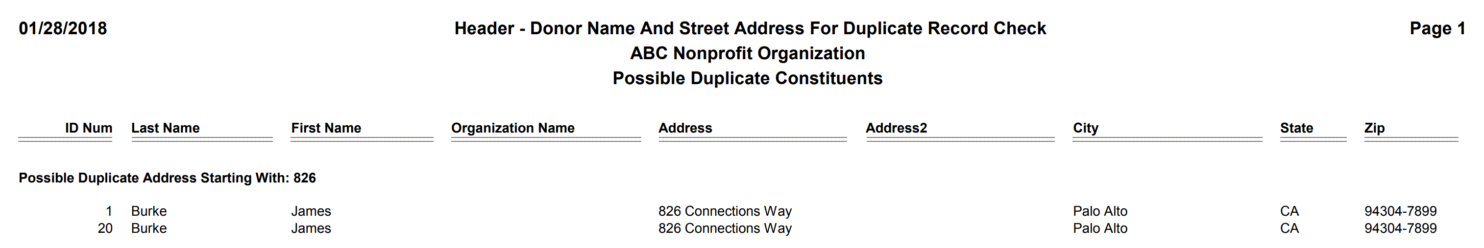 Header - Donor Name And Street Address For Duplicate Record Check