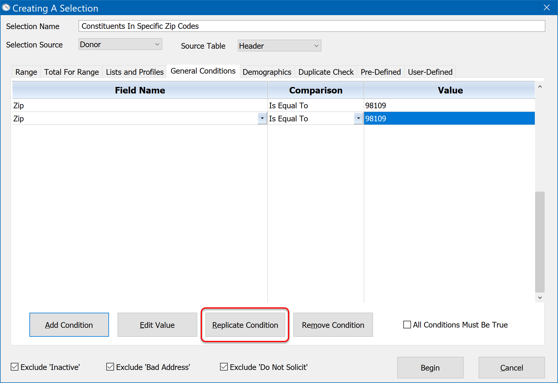 Creating A Selection - General Conditions - Replicate Button