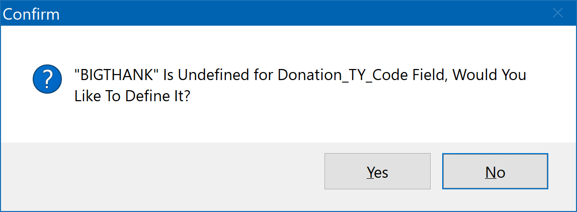 Defining BIGTHANK Donation TY Code