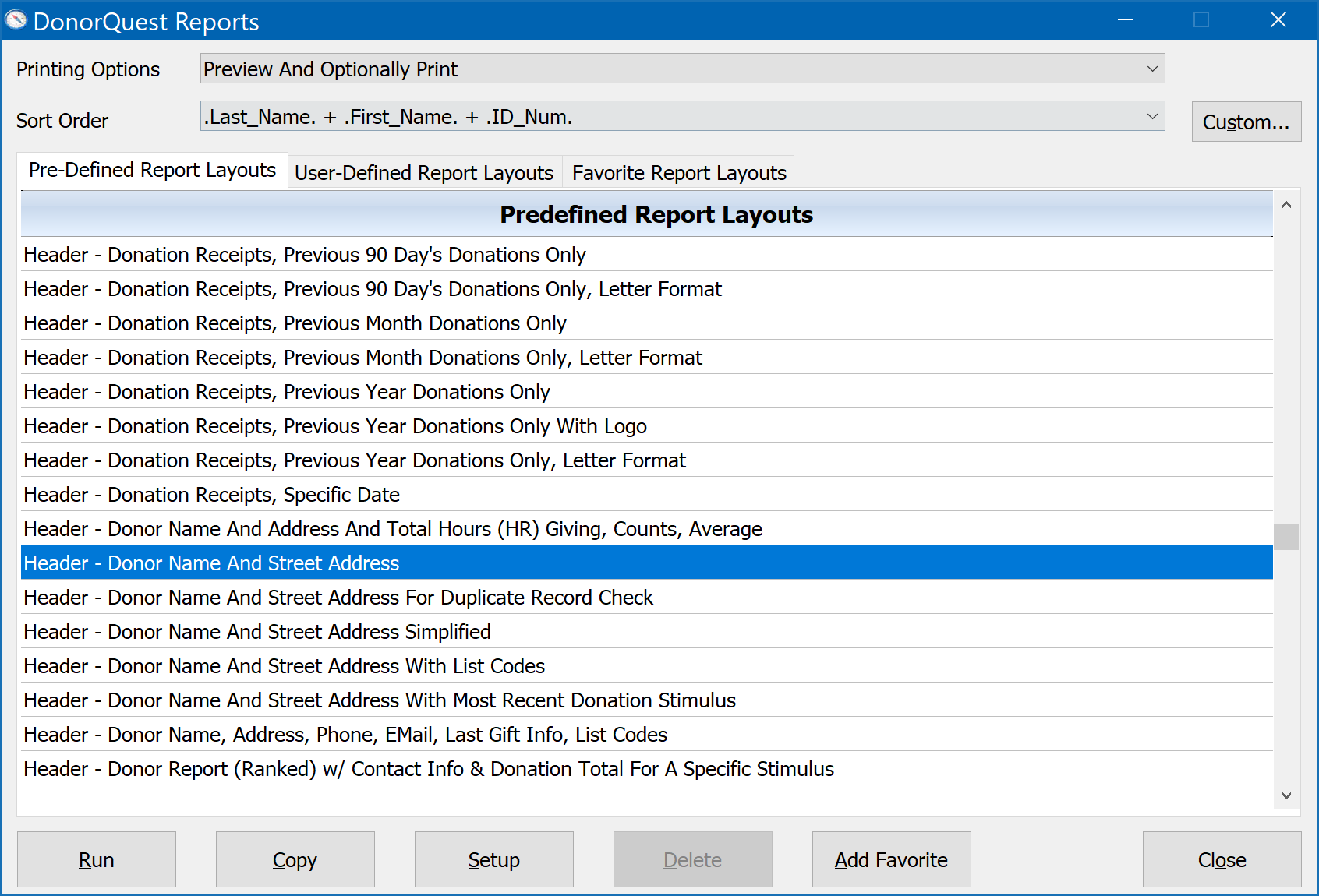 DonorQuest Reports Menu - Donor Name And Street Address