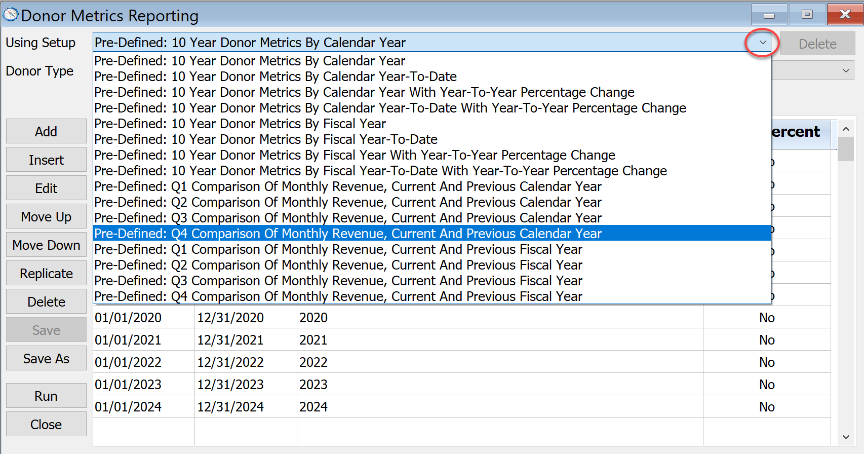 Donor Metrics Drop-Down Menu