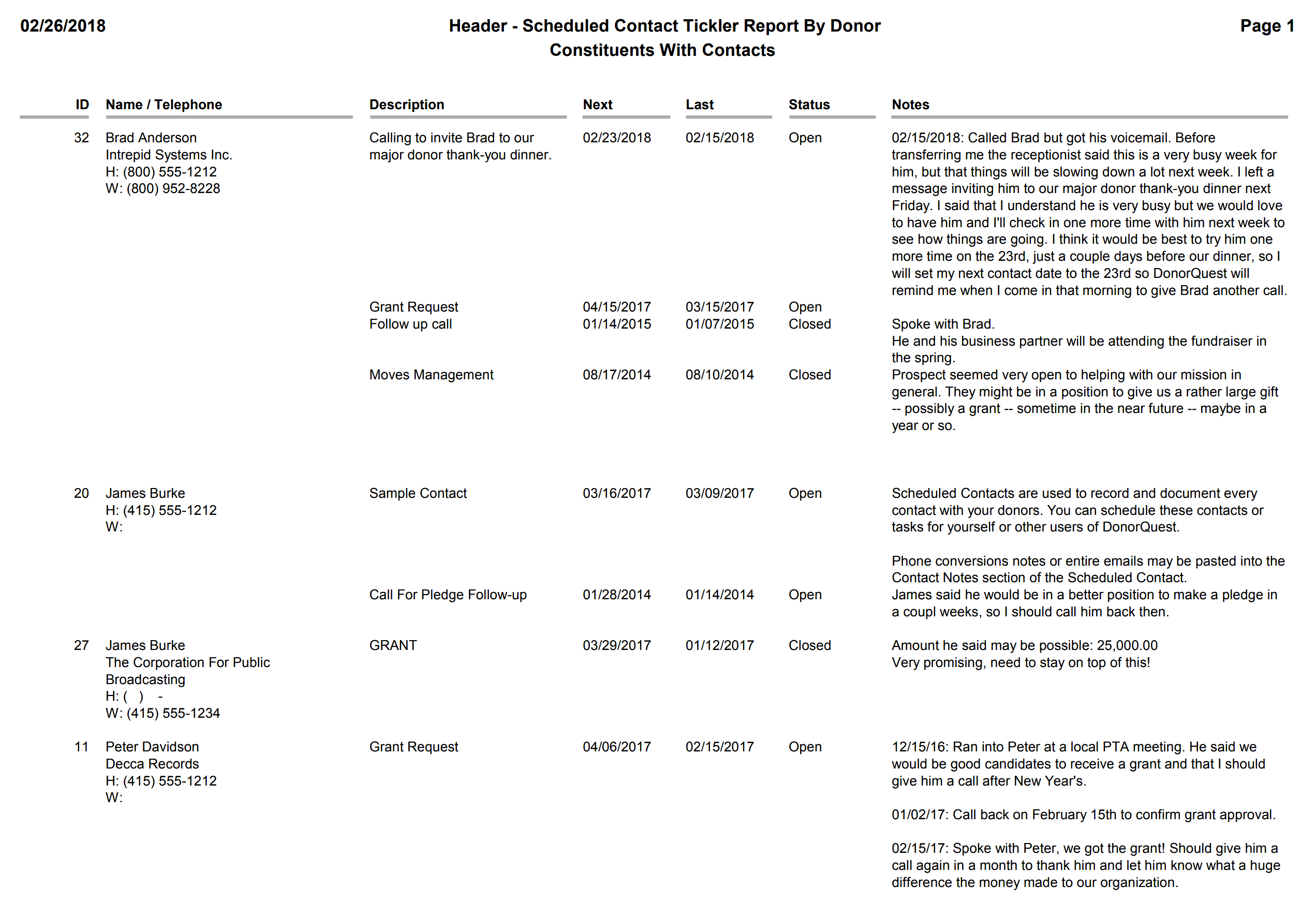 Header - Scheduled Contact Tickler Report By Donor