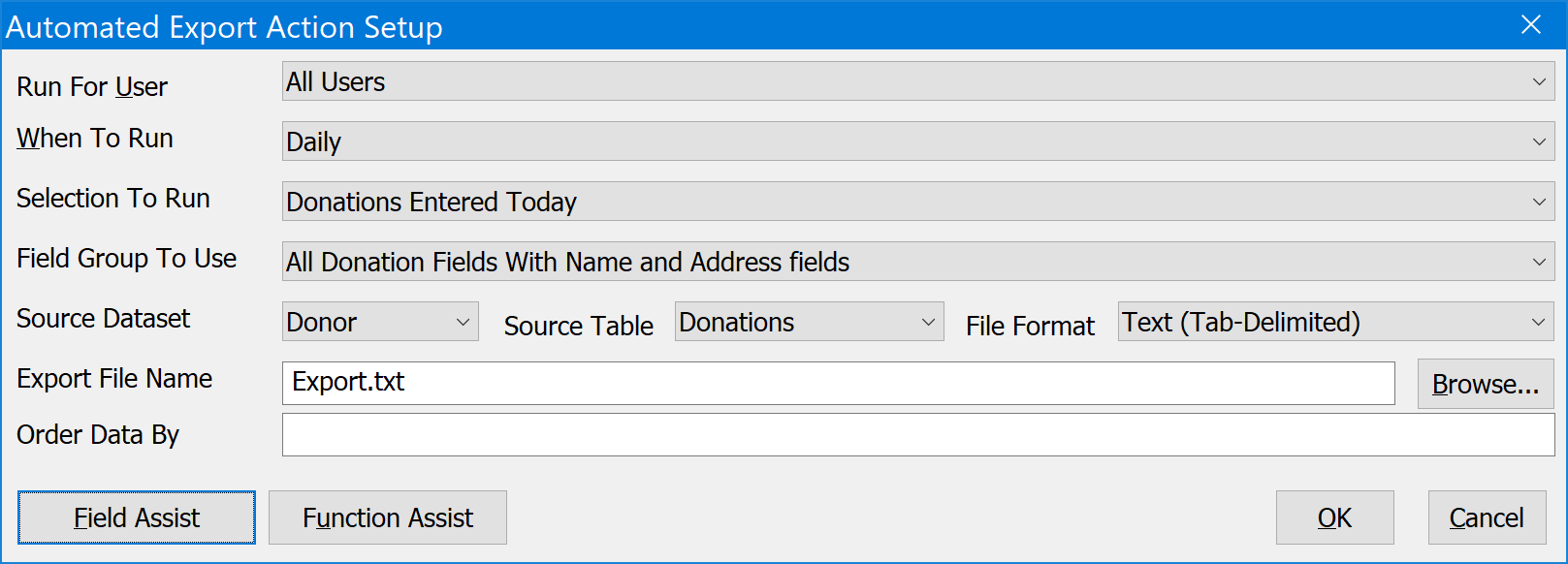 Automated Export Action Setup