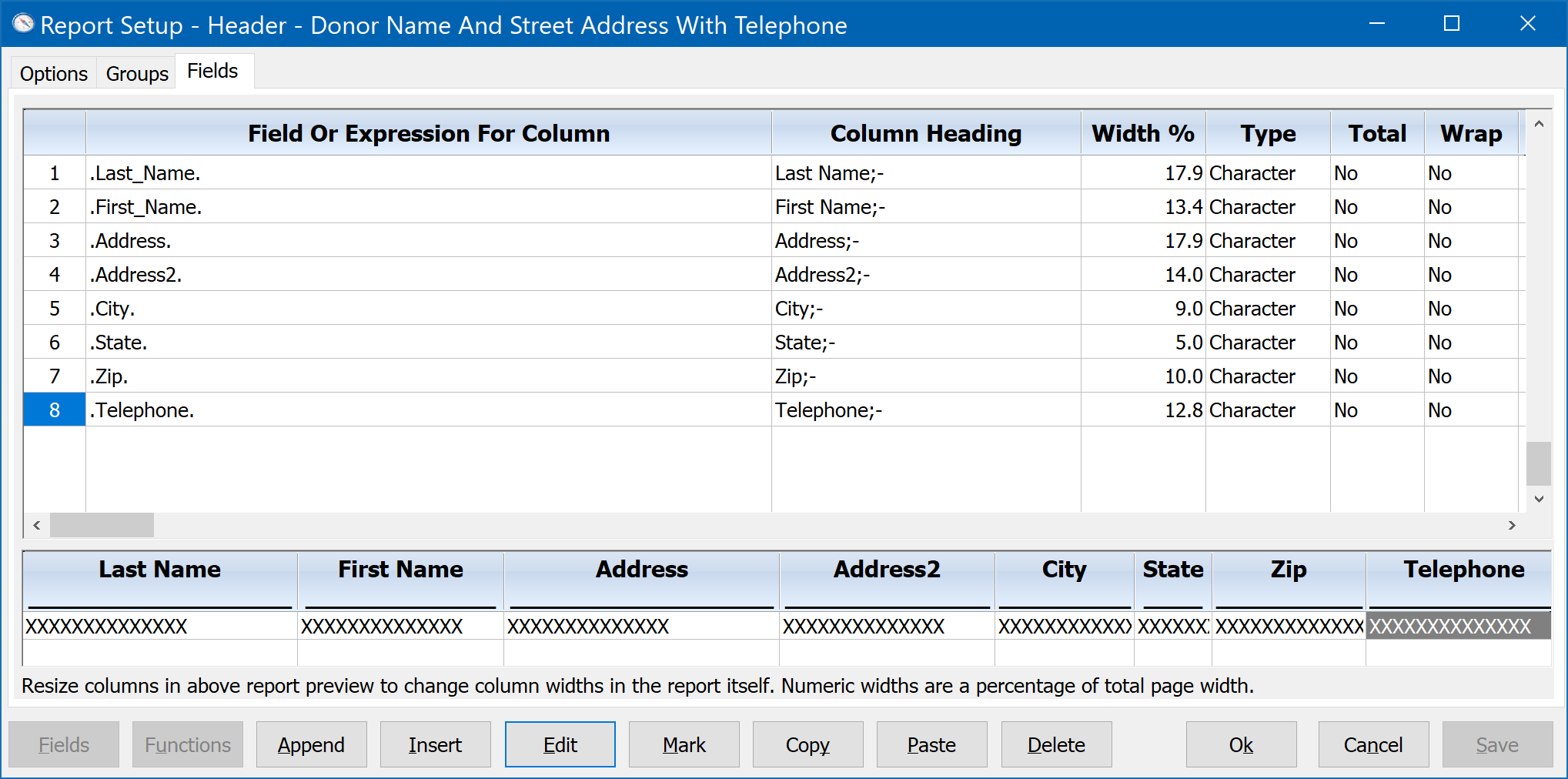 DonorQuest Reports Menu - Report Setup - Adjusting New Column Width 2