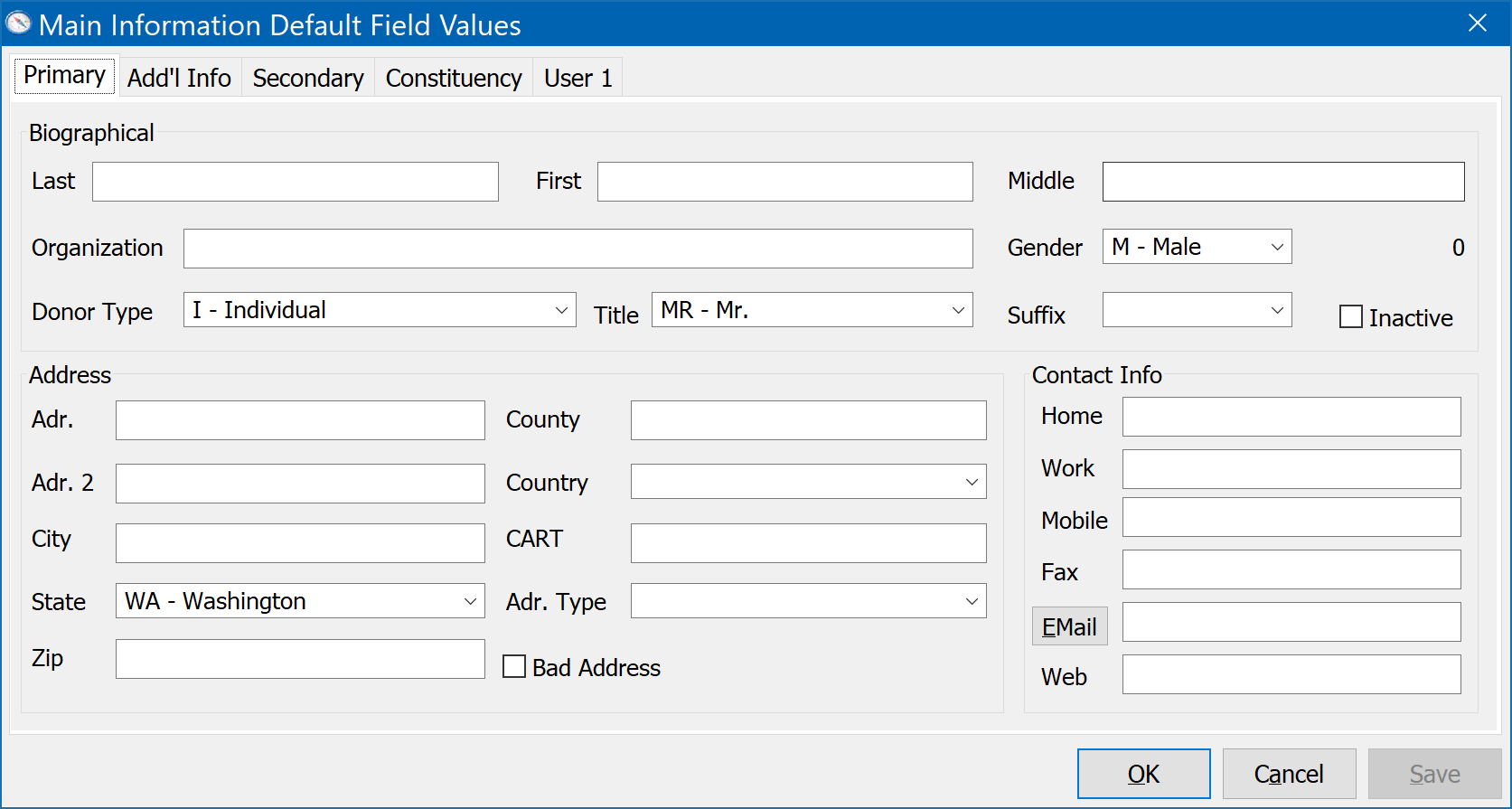 Main Information Default Field Values