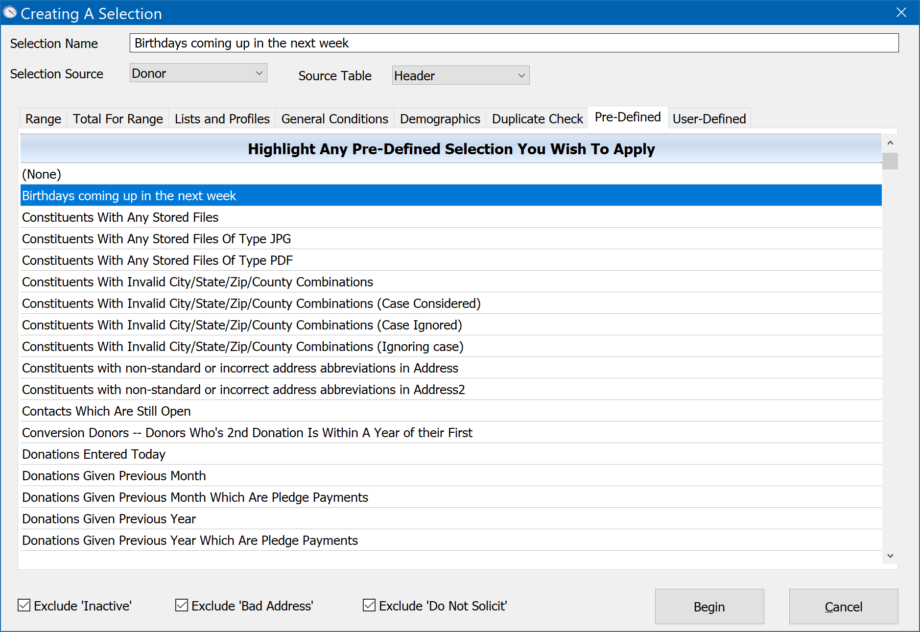 Creating A Selection - Pre-Defined