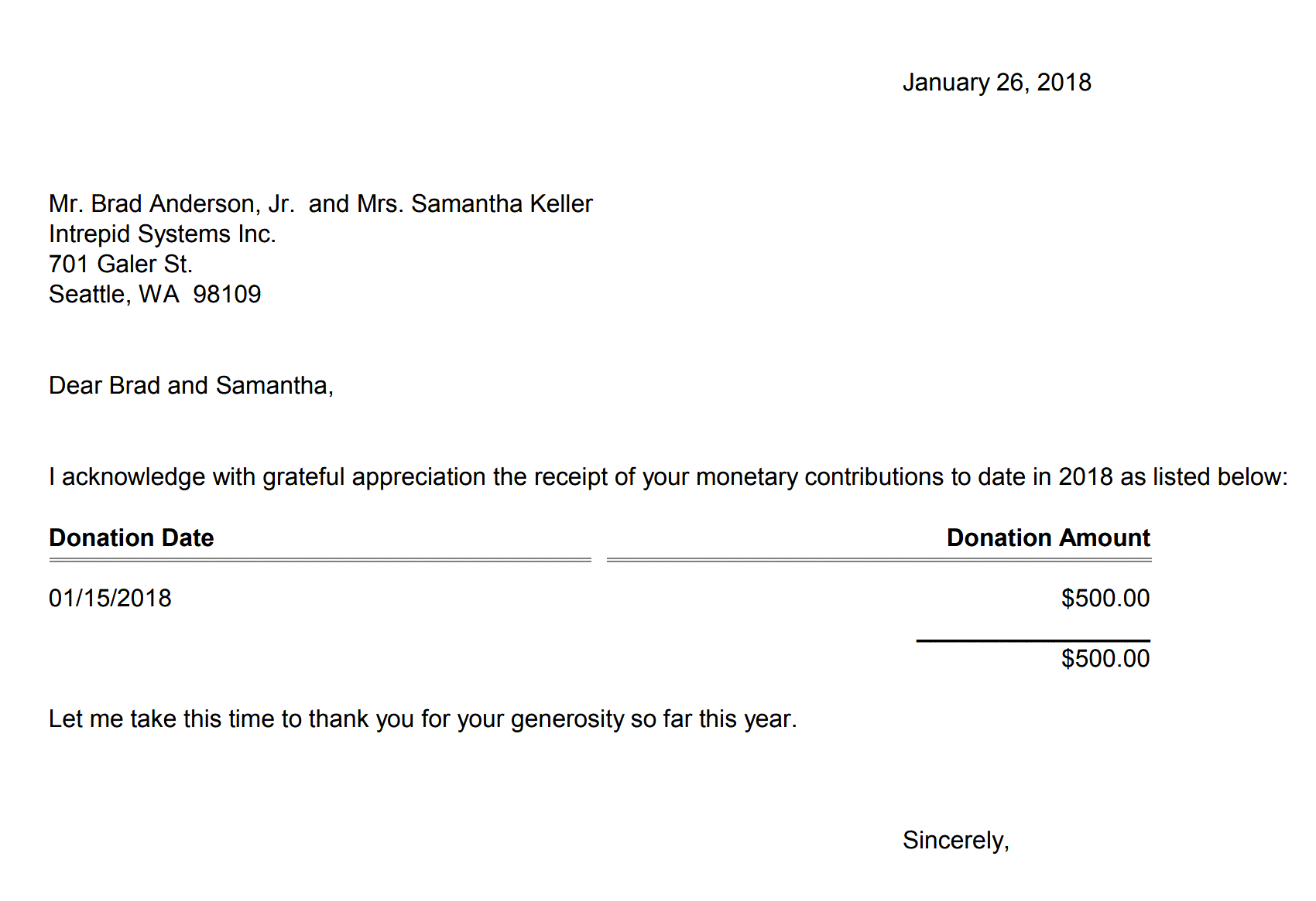 Header - Donation Receipts, All Donations For Current Calendar Year, Letter Format