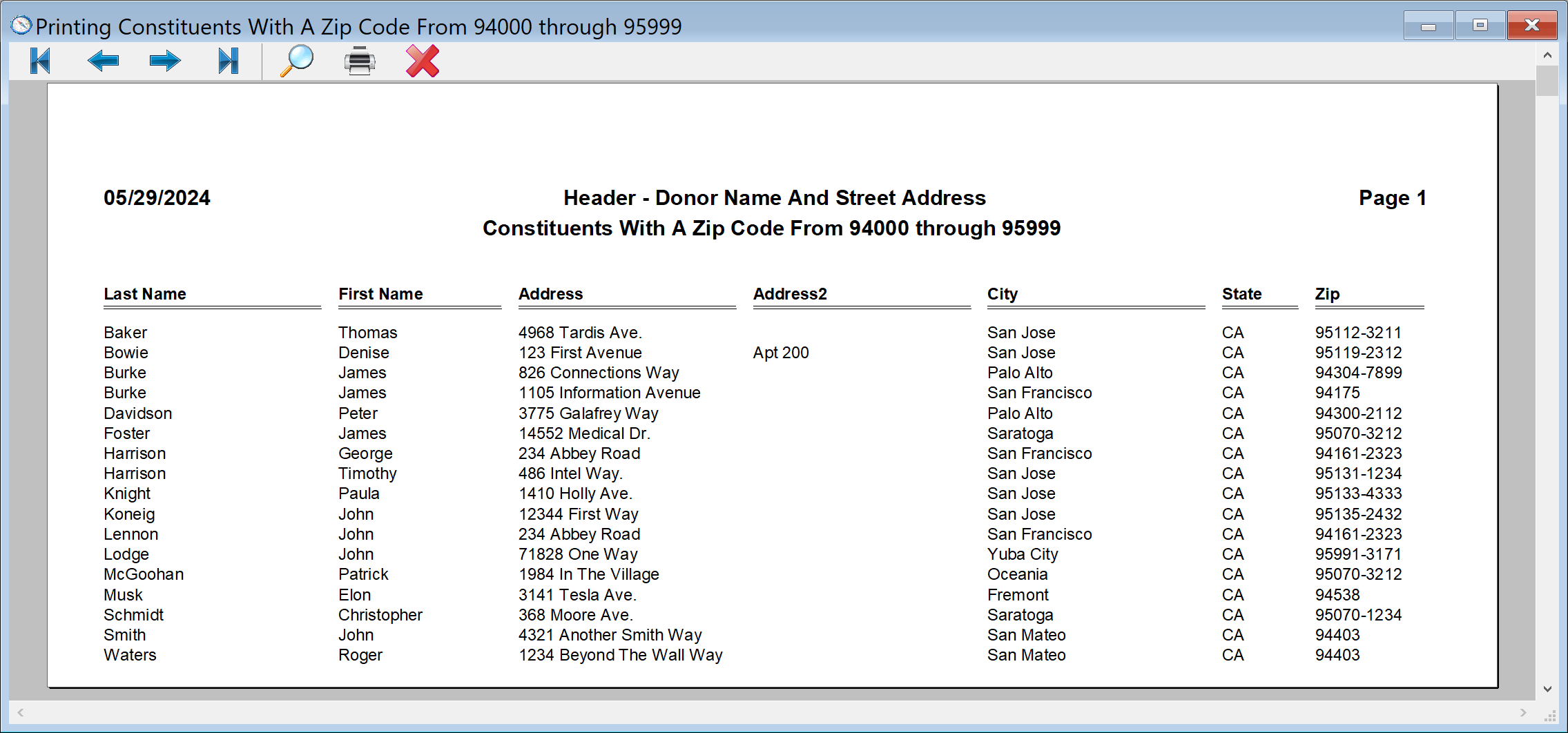 Printing Donors With A Zip Code Between 94000 And 95999 - Preview