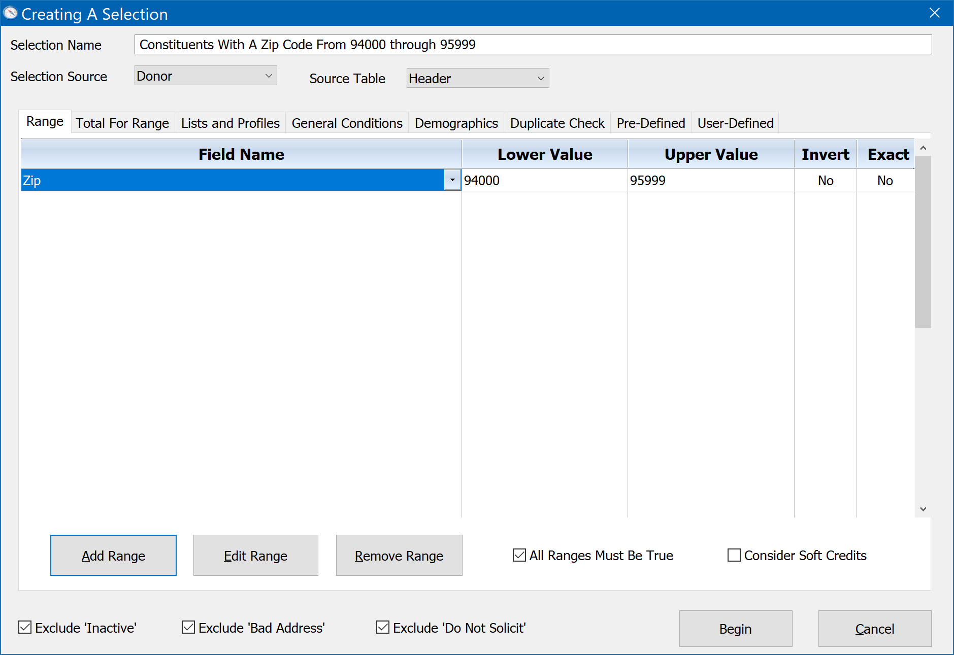 Creating a Selection for zip range