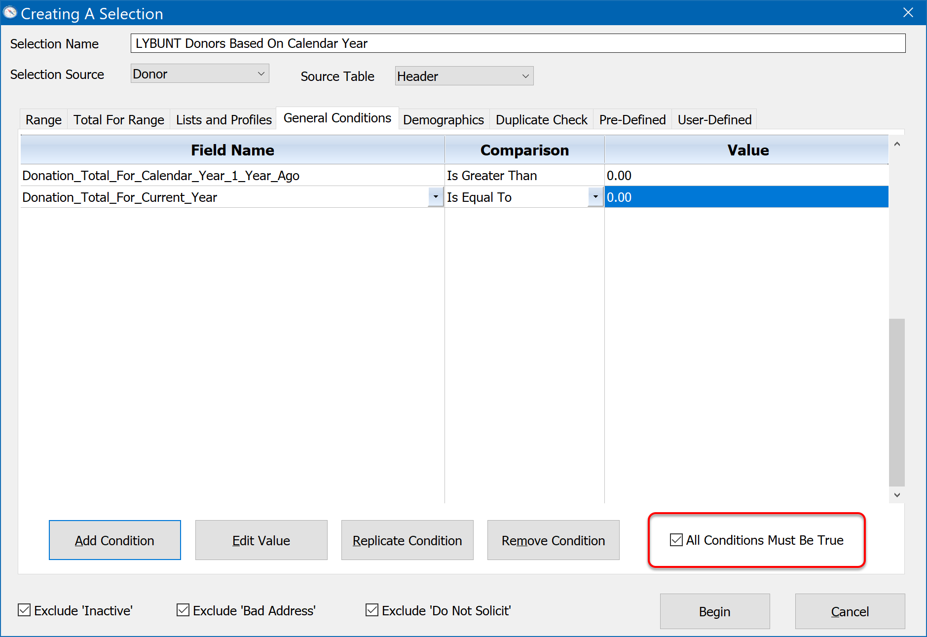 Creating A Selection - General Conditions - LYBUNT