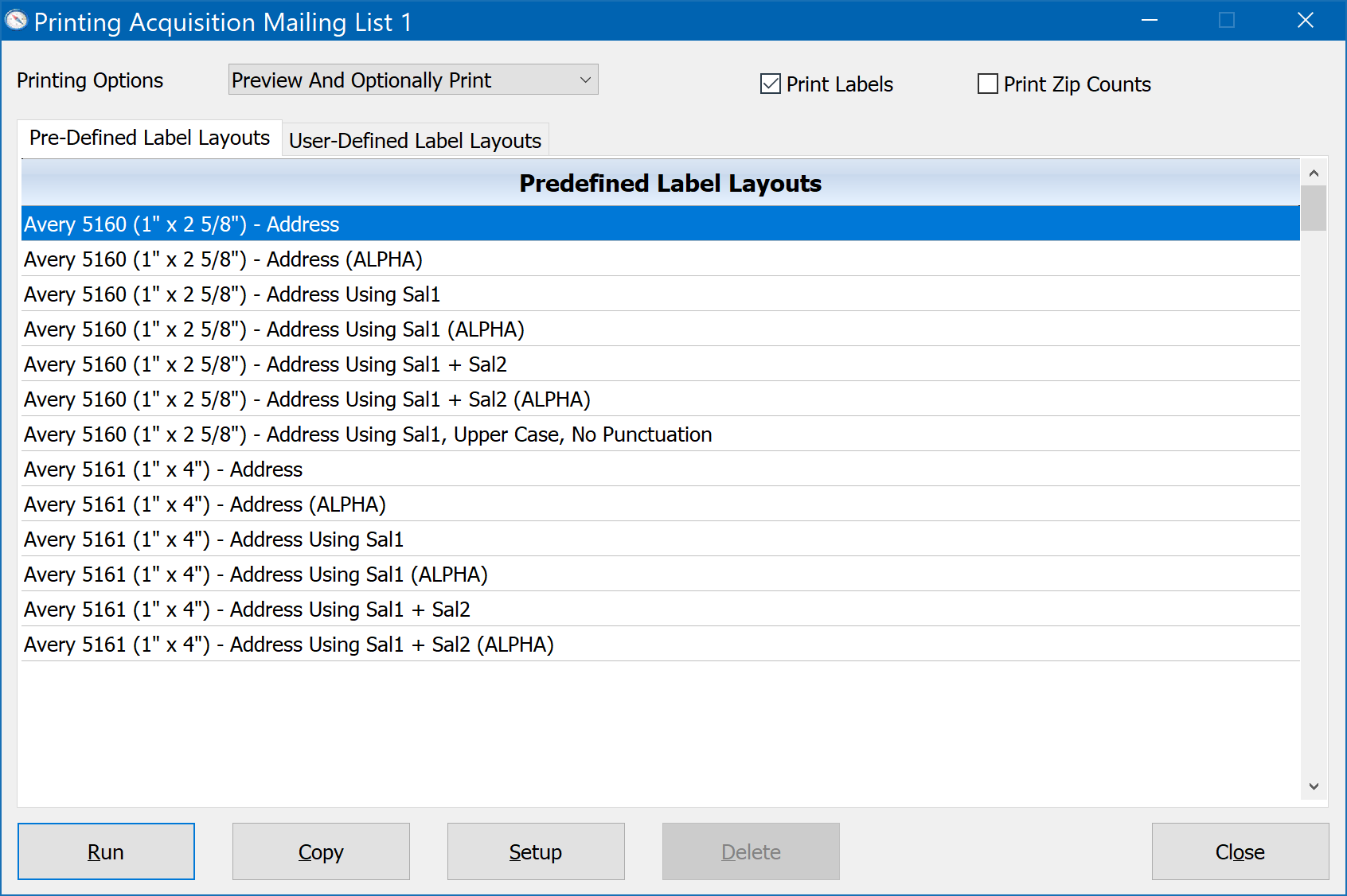 Mailing Label Menu