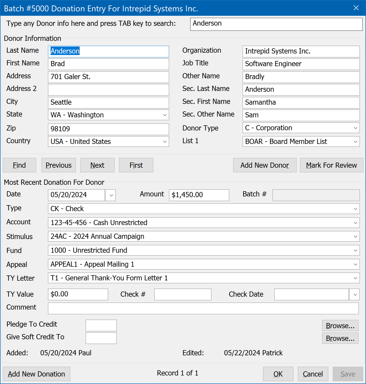 Donation Batch Entry Window