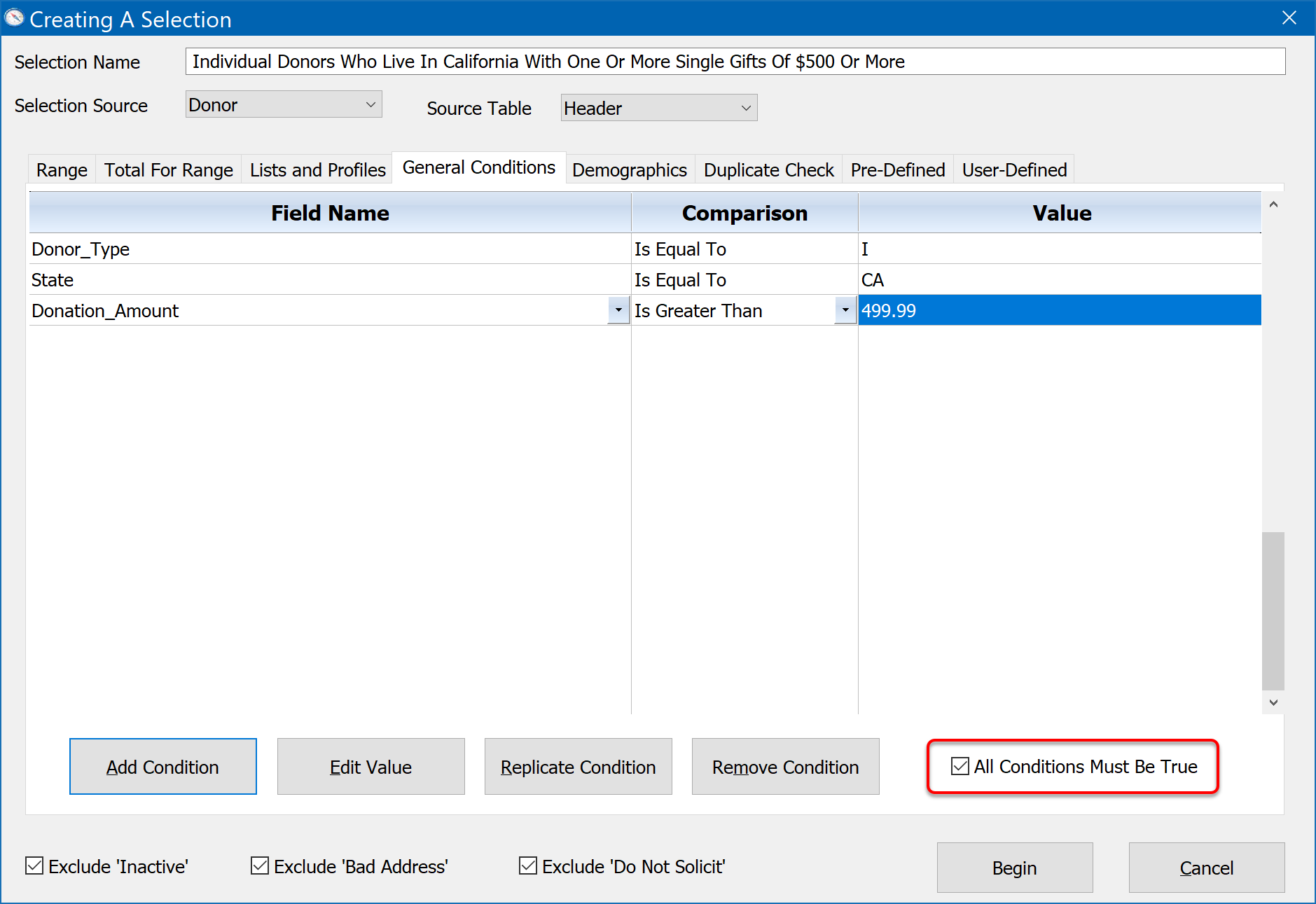 Creating A Selection - General Conditions