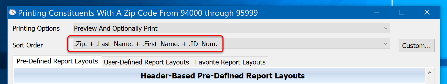 Printing Zip Codes 94000 through 95999 custom order