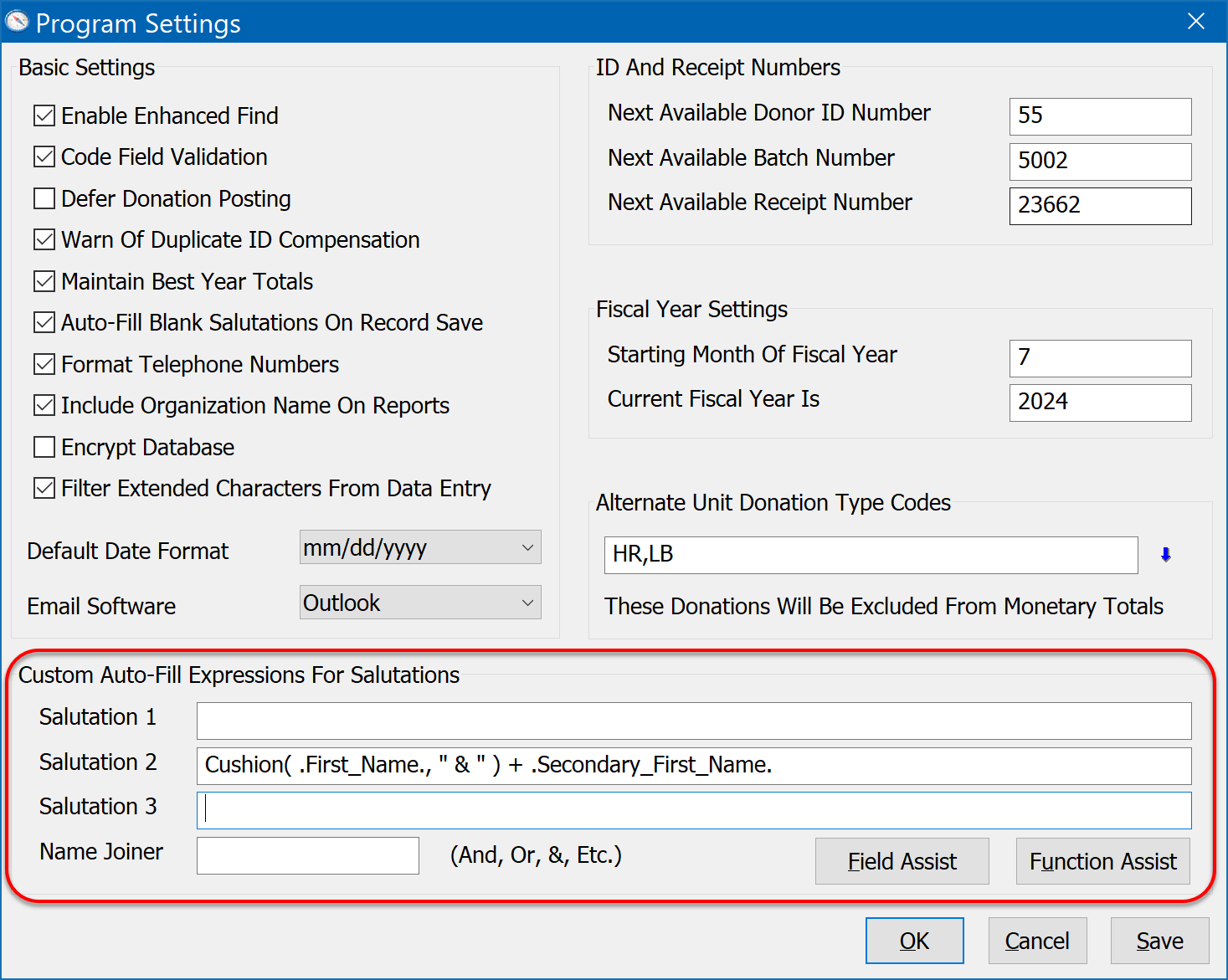 Program Settings With Sample Auto-Fill Expression