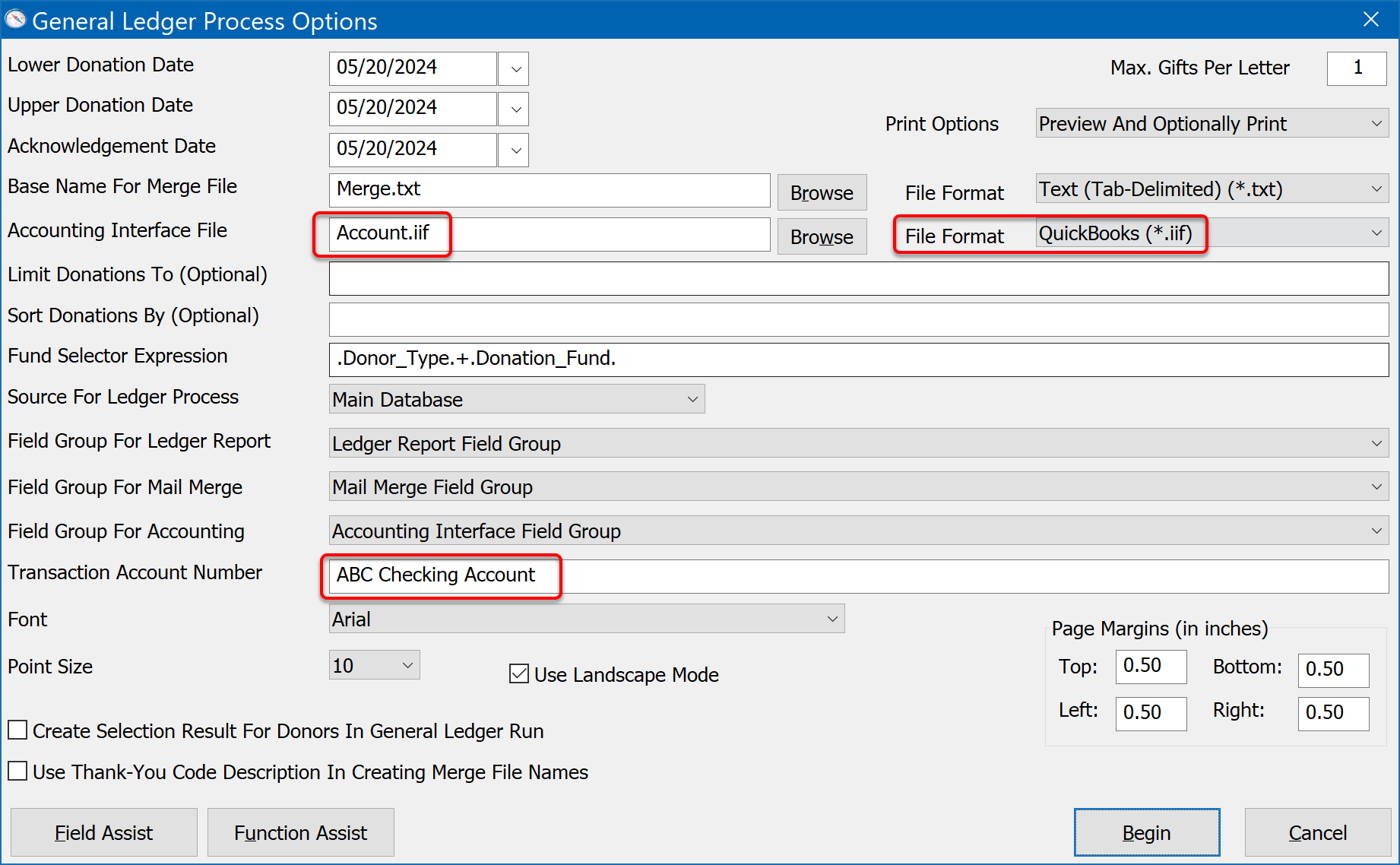 General Ledger Process Options For QuickBooks Example Import