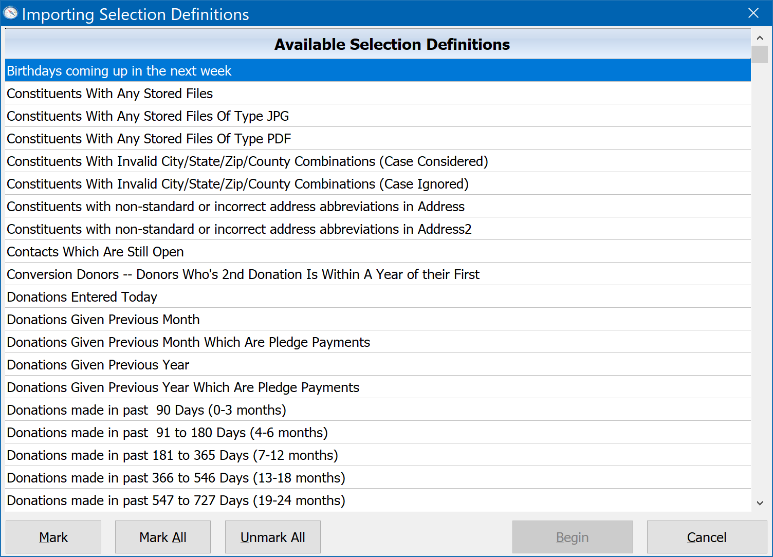 Importing Selection Definitions