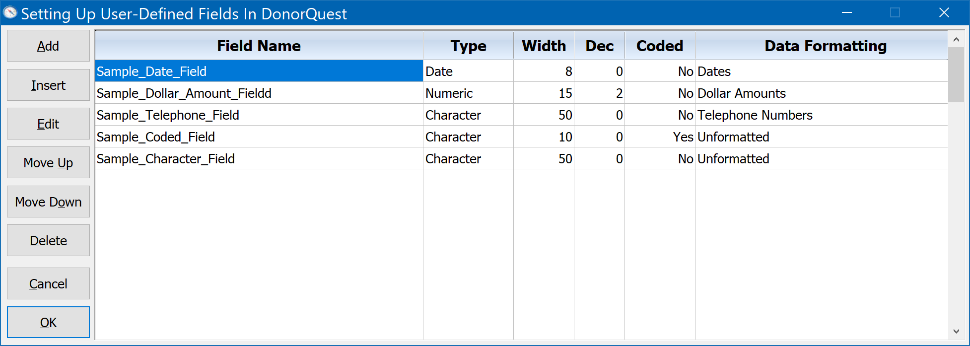 User Defined Field Setup - Sample Set of fields