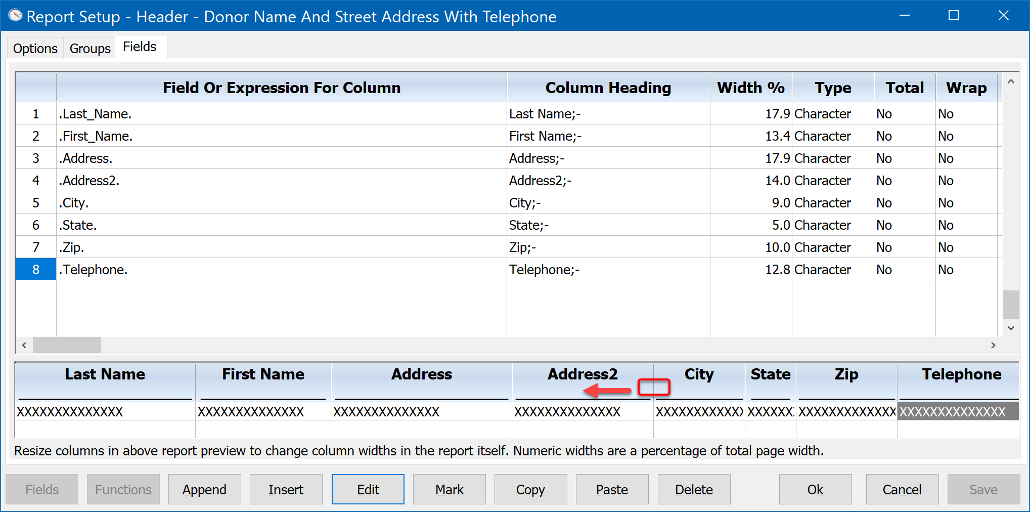 DonorQuest Reports Menu - Report Setup - Adjusting New Column Width