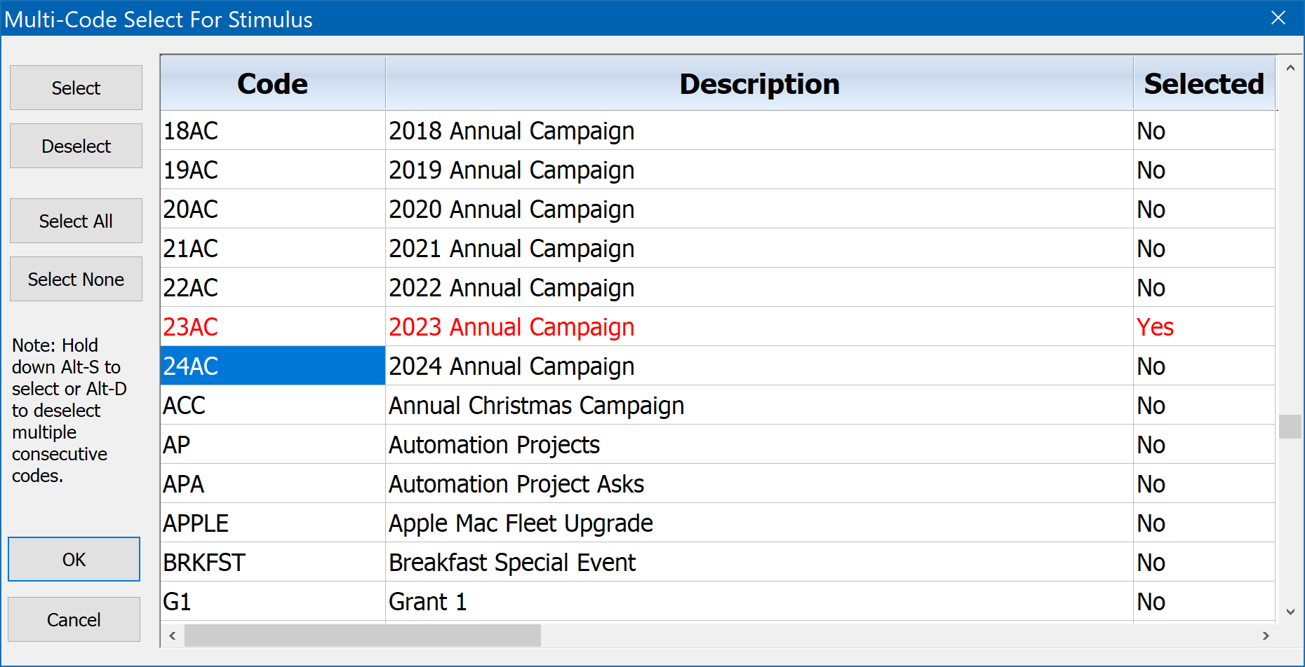 Multi-Code Select For Stimulus