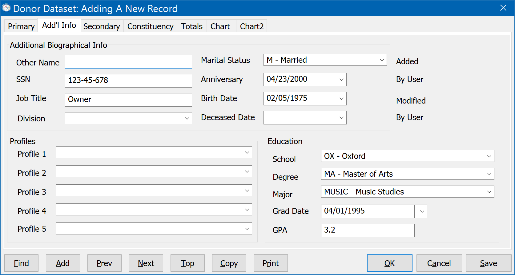 Adding A New Donor Record - Additional Info Tab