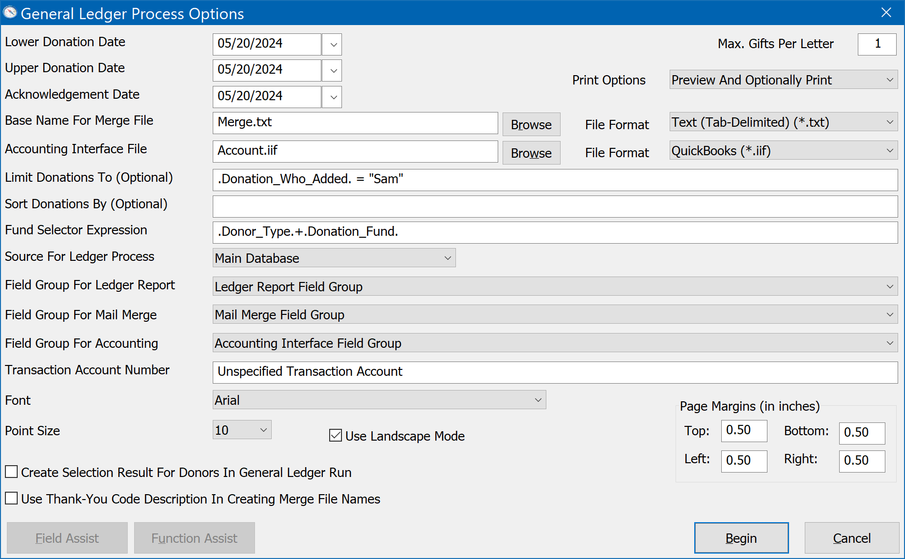 General Ledger Process Options - Filtering for specific user