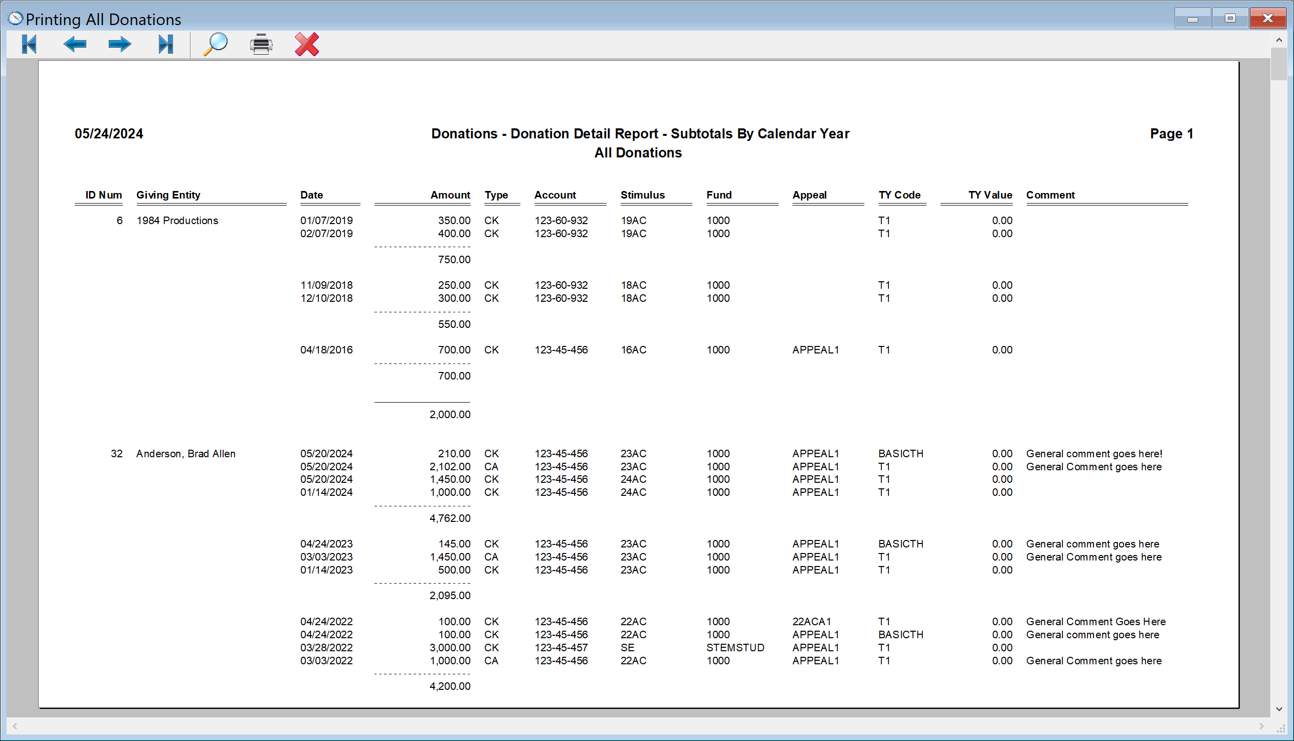 Donations - Donations Detail Report - Subtotals by Calendar Year - Preview