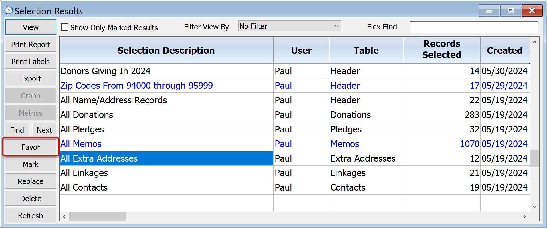 Selection Results Window With Favor Button Circled