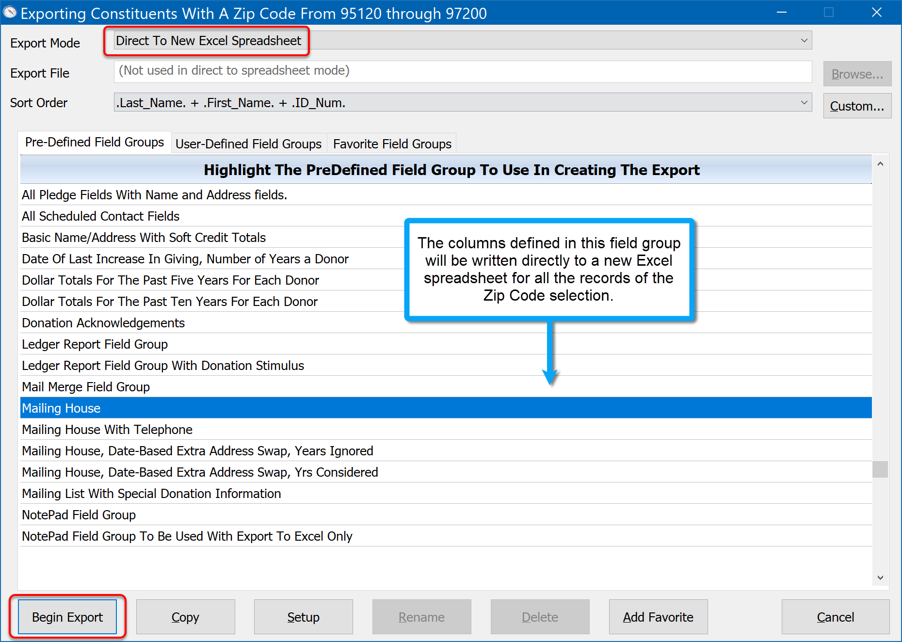 Exporting Donors With A Zip Code Between 95120 And 97200 to Excel